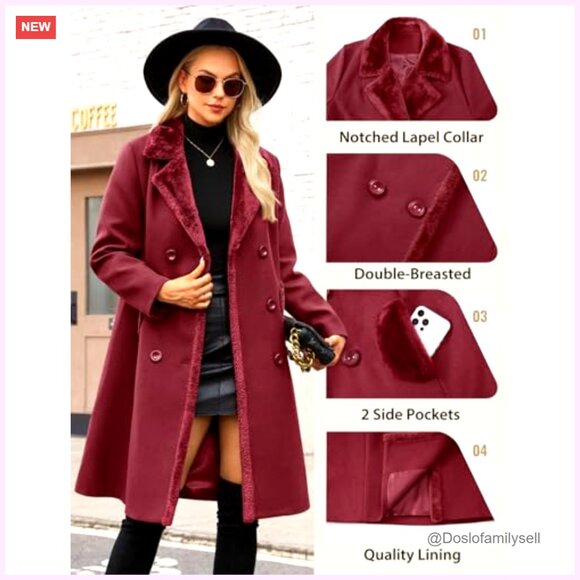 Double Breasted Pea Coat Long Trench Coat Elegant Classic Winter Warm Slim Fit - Picture 2 of 7